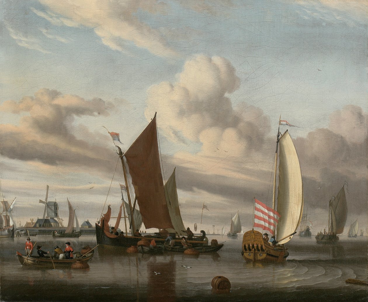 Envio em um mar calmo fora de um molhe de Jan Claesz Rietschoof