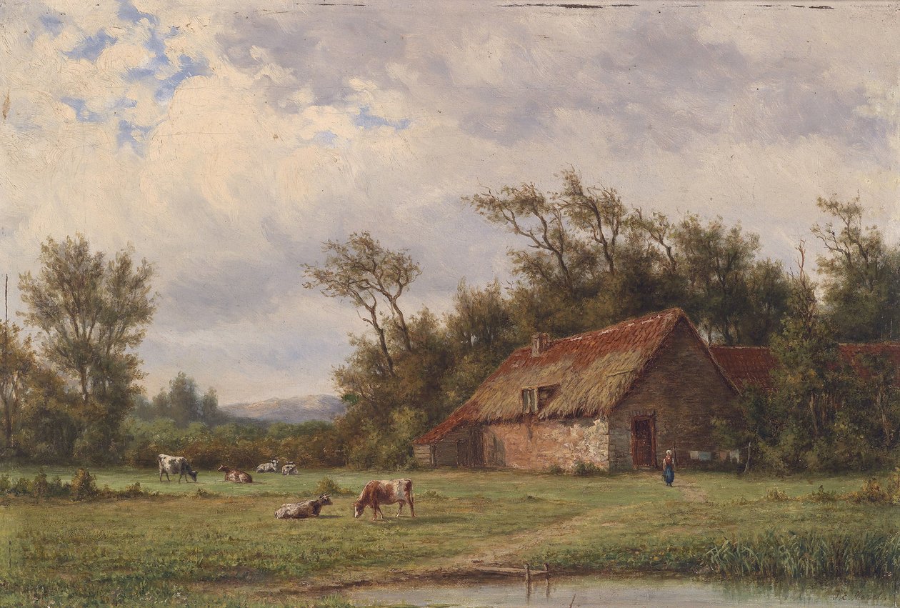 Paisagem com casa de fazenda, vacas e pessoal figural de Jan Evert Morel