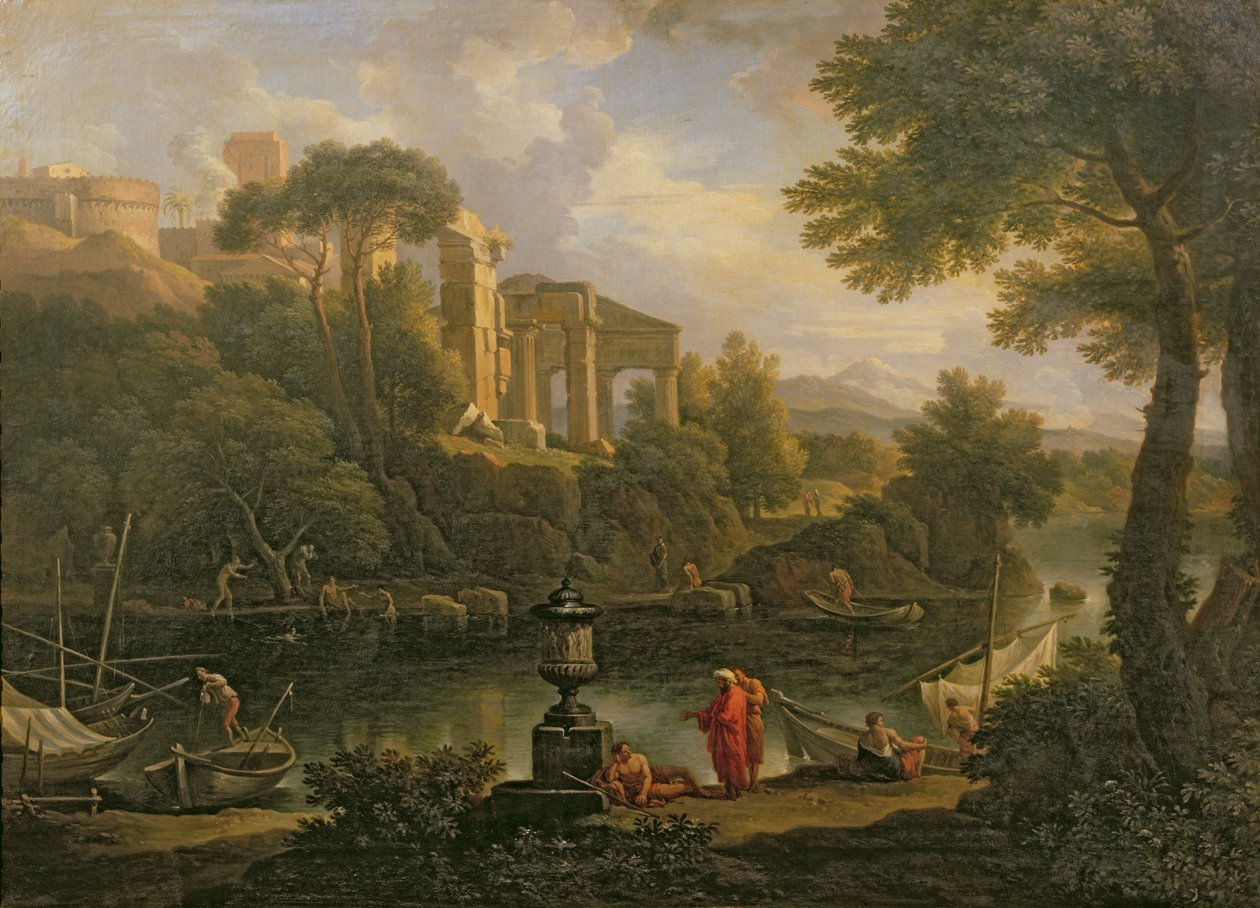 Paisagem com figuras de uma piscina com ruínas no fundo de Jan Frans van Bloemen