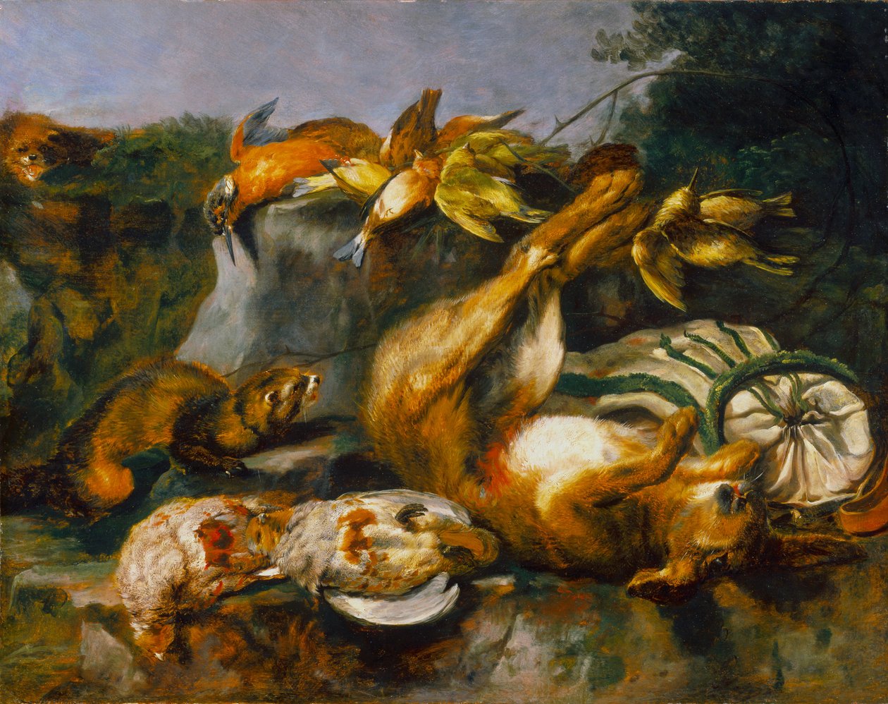 Jogo Morto e doninhas, c.1642 (óleo sobre painel de masonite revestido de carvalho) de Jan Fyt