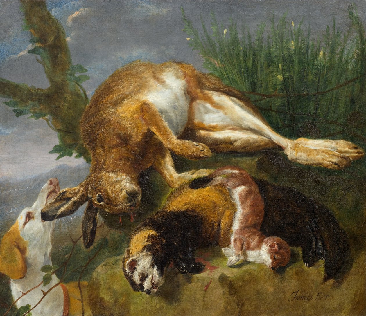 Ainda vida de caça com um cão de Jan Fyt