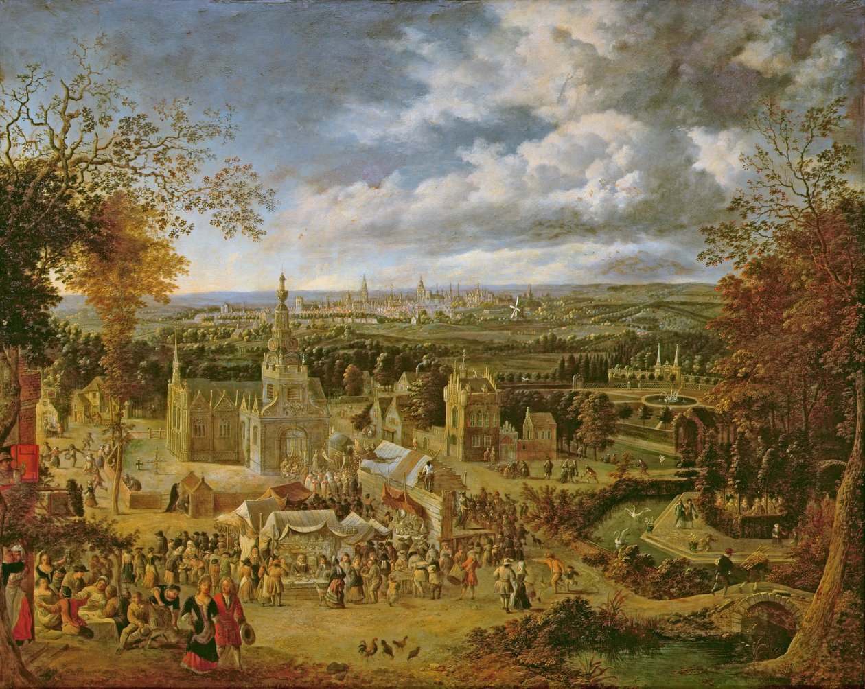 Uma festa e vista de uma cidade (óleo em cobre) de Jan Griffier
