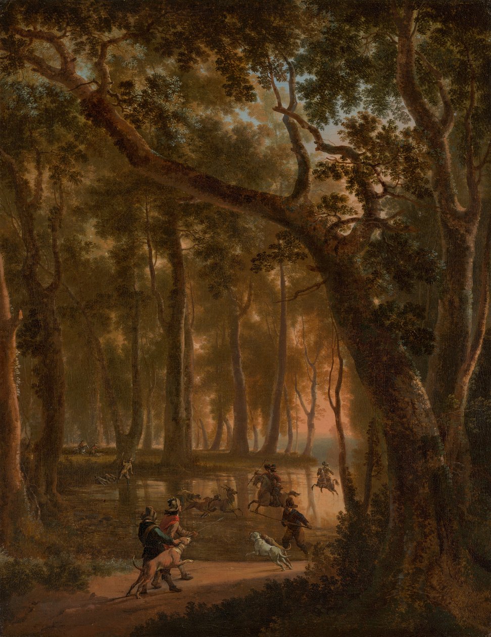 Caça de cervos em uma floresta de Jan Hackaert