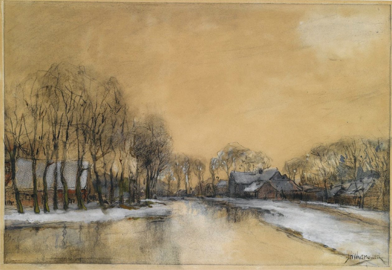 Uma paisagem de inverno com casas ao longo de um canaln de Jan Hillebrand Wijsmuller