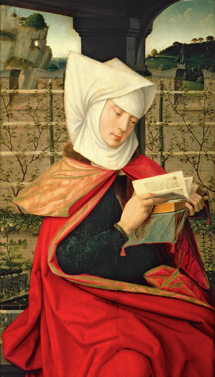 Emerency, a mãe de St. Anne, painel do extremo esquerdo de um políptico da Genealogia da Virgem de Jan II Provost