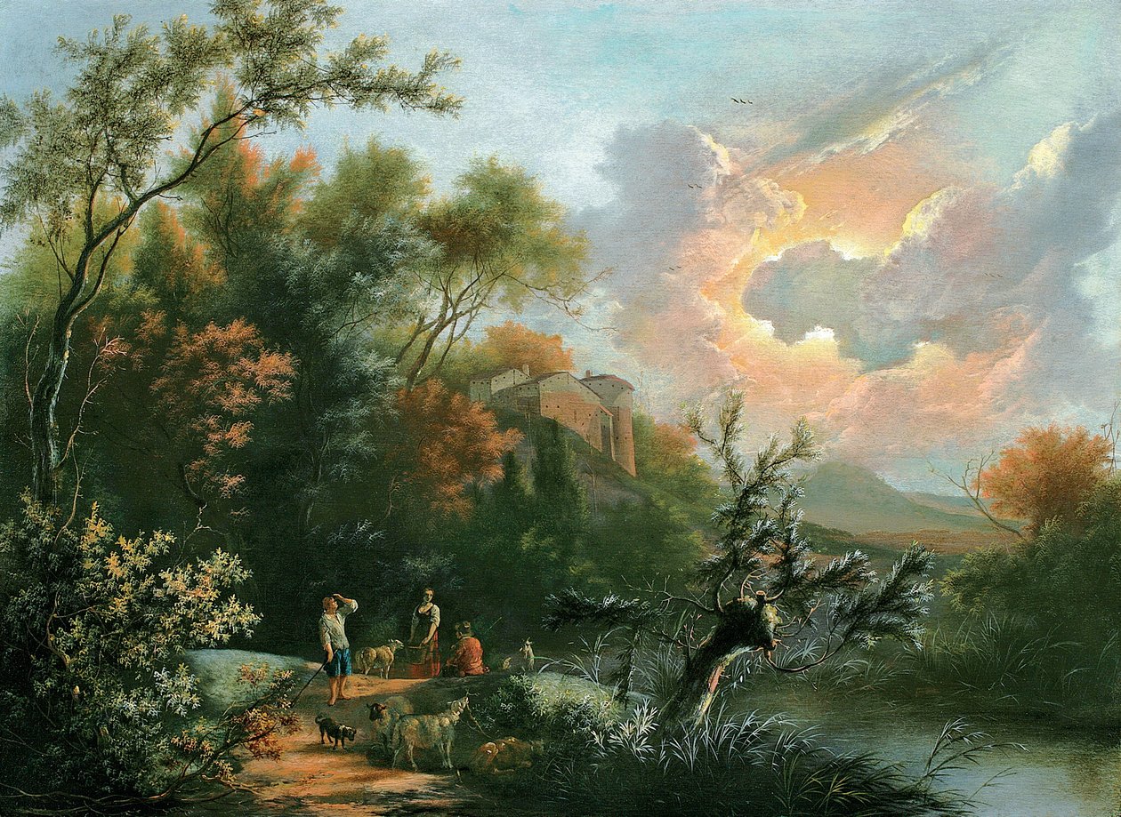 Um, italianate, montanhoso, e, bosque, rio, paisagem, com, pastores, e, seu, rebanho, descanso de Jan Snellinck
