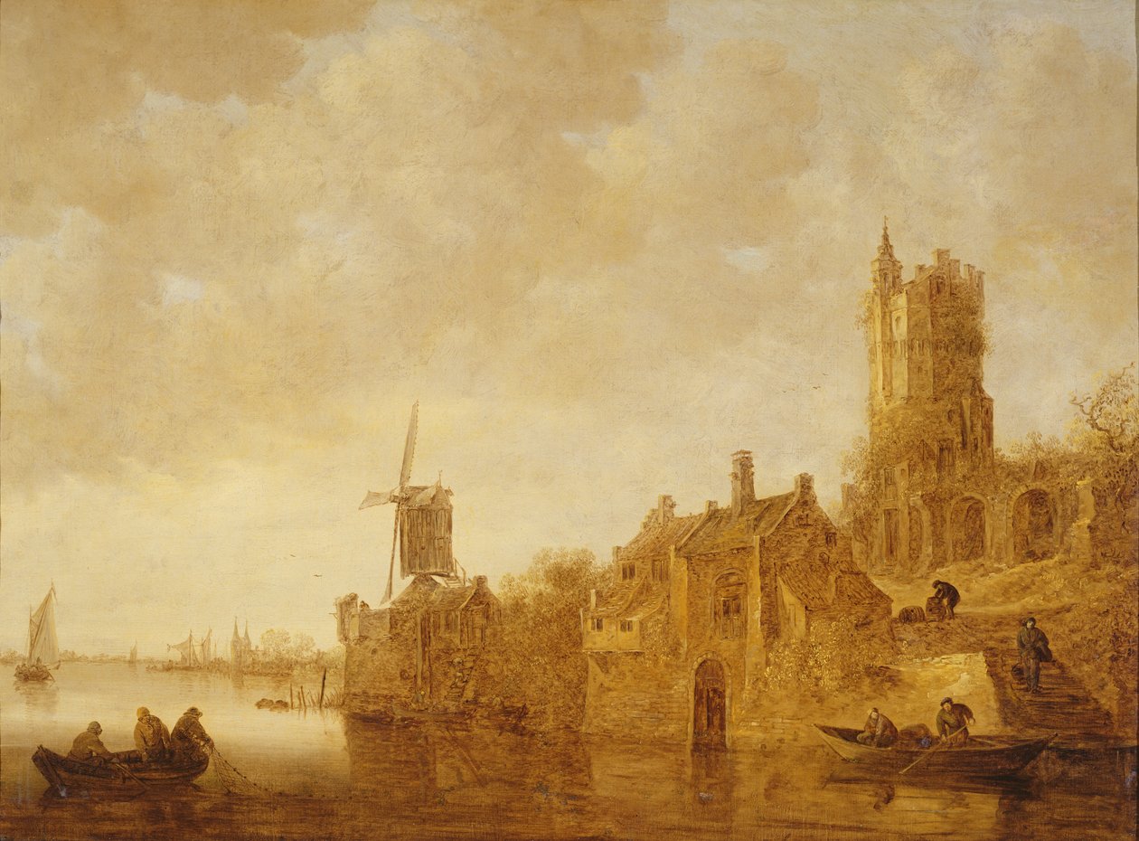 Paisagem do rio com moinho de vento e ruínas do castelo, 1644 de Jan Josephsz van Goyen
