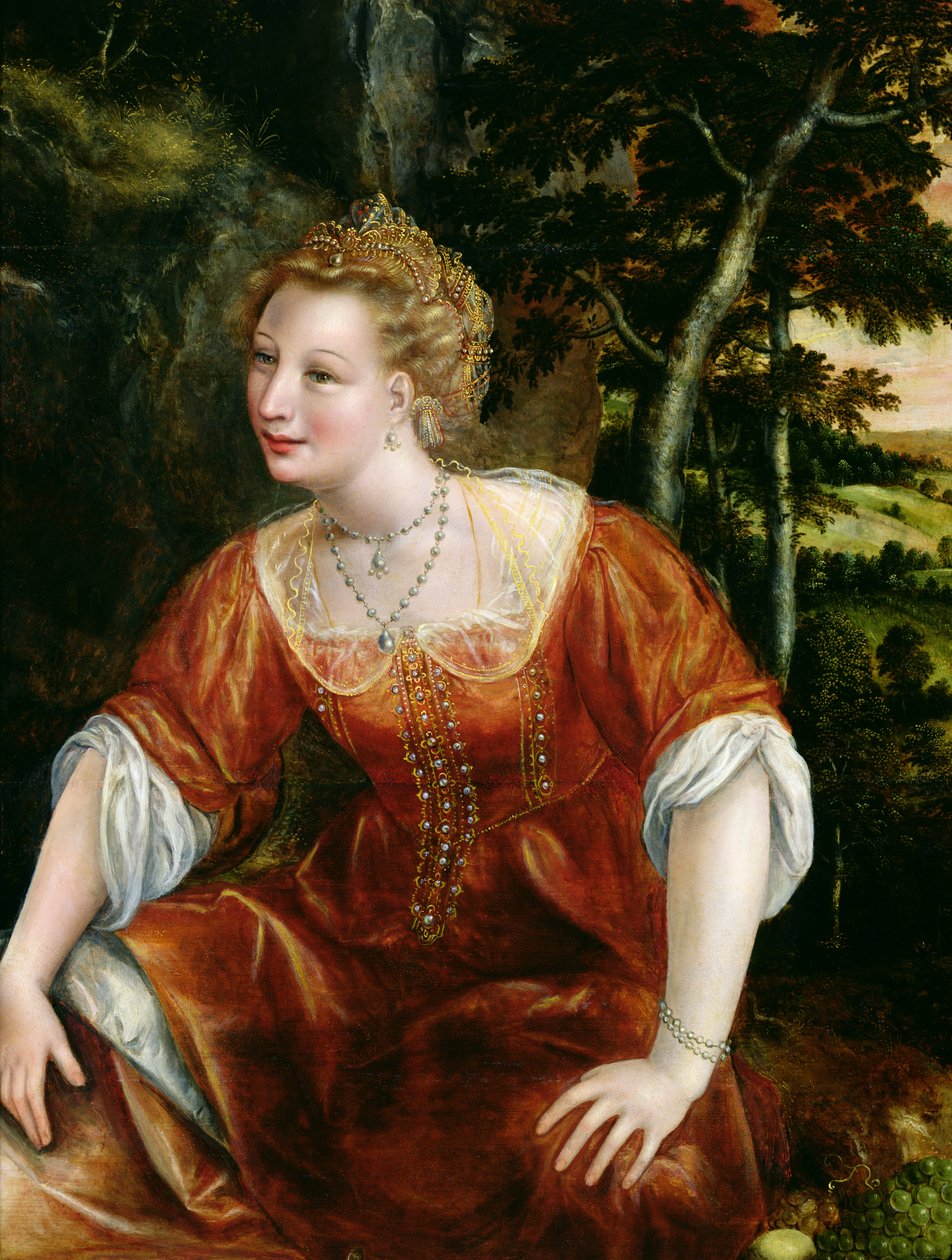 Menina jovem, em, um, paisagem de Jan Massys or Metsys