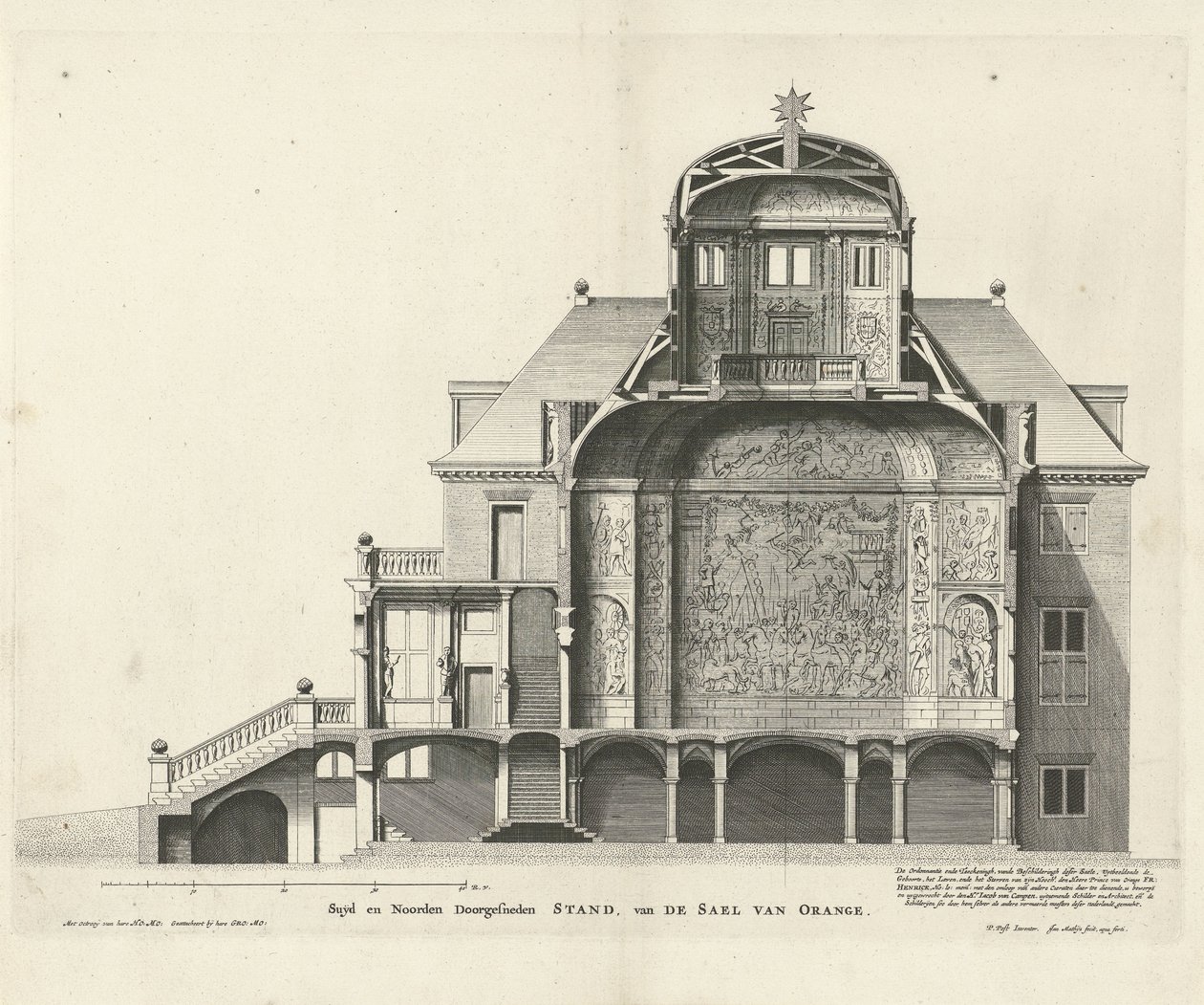 Secção transversal de Huis ten Bosch por Jan Mattysz. após um projeto por Pieter Jansz. Borne, 1655 de Jan Matthysz.