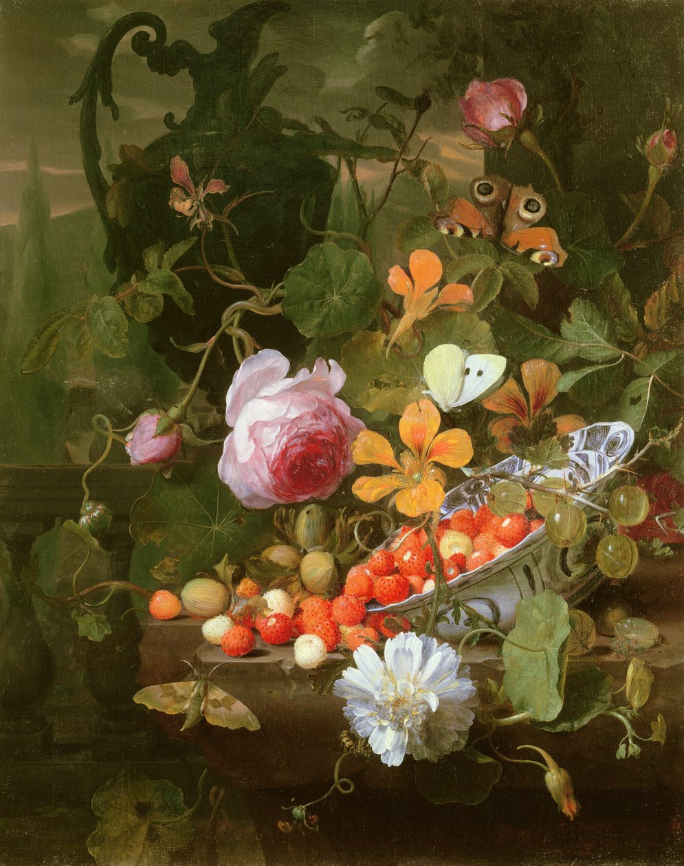Uma vida ainda de morangos em uma tigela e flores, 1696 de Jan Mortel