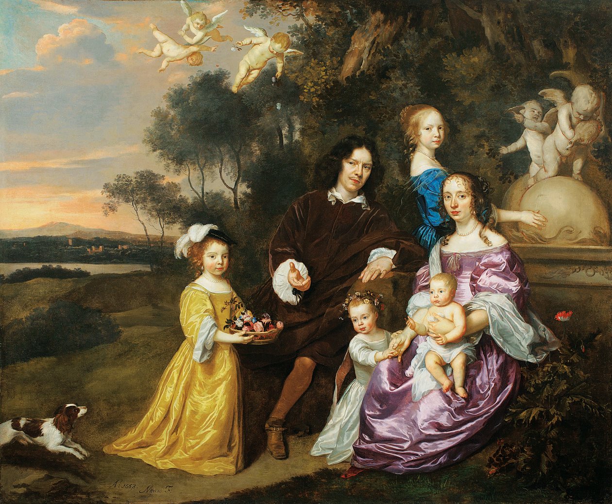 Retrato de um grupo familiar por uma fonte ornamental em uma paisagem pastoral, 1663 de Jan Mytens or Mijtens