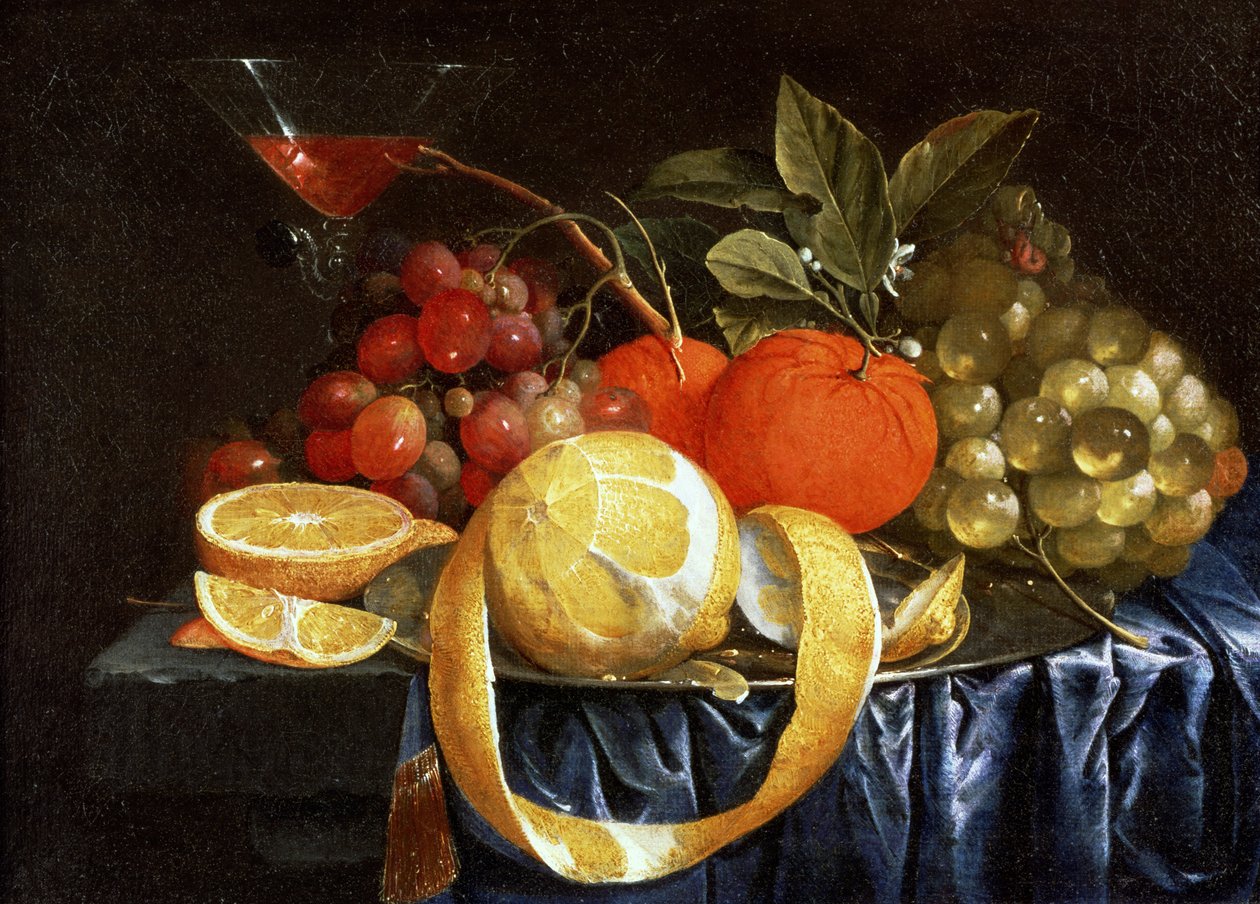 Ainda vida de uvas, laranjas e um limão descascado (óleo) de Jan Pauwel the elder Gillemans