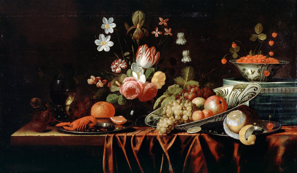 Ainda-vida com frutas, flores e lagostas de Jan Pauwel the elder Gillemans