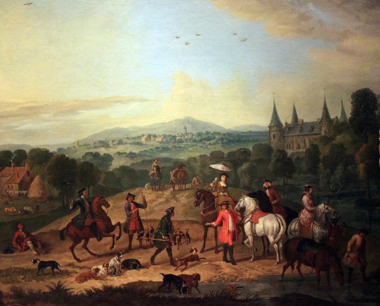 Grupo elegante de pilotos em um falcão caçar em uma paisagem com castelo de Jan Peeter Verdussen