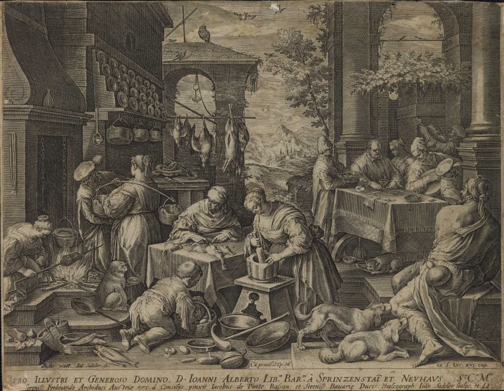 O glutão opulento na mesa e o mendigo Lazarus da série Cenas da cozinha de Jan Sadeler