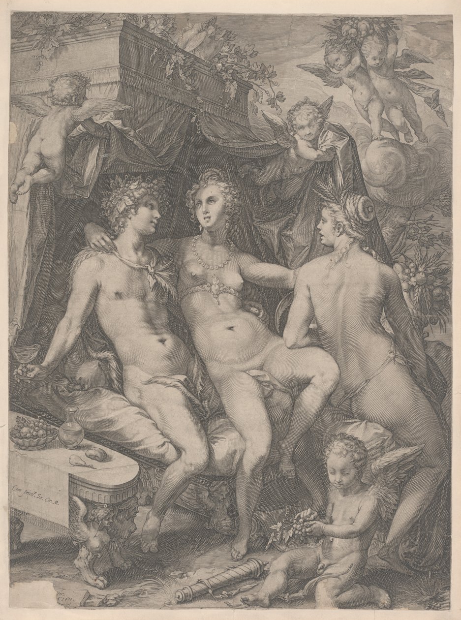 Vênus sentado em uma cama entre Baco e Ceres, 1600 de Jan Saenredam