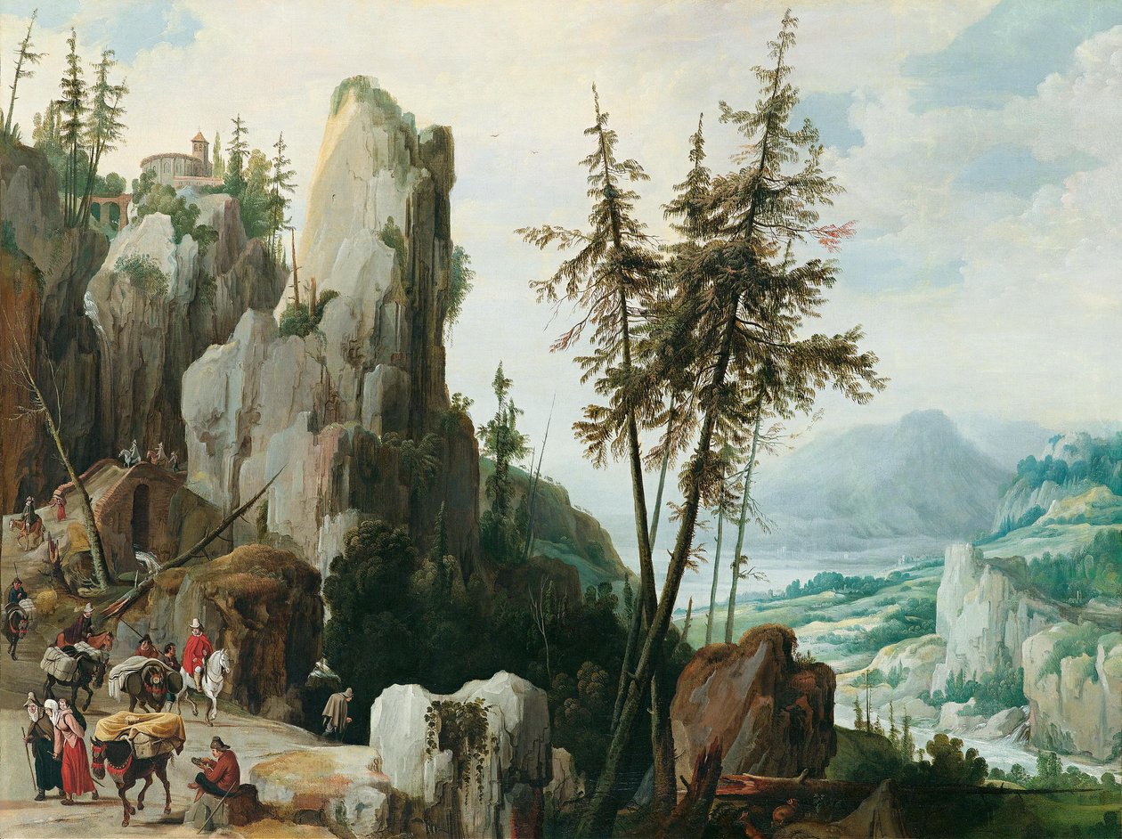 Paisagem rochosa com viajantes de Jan Tilens