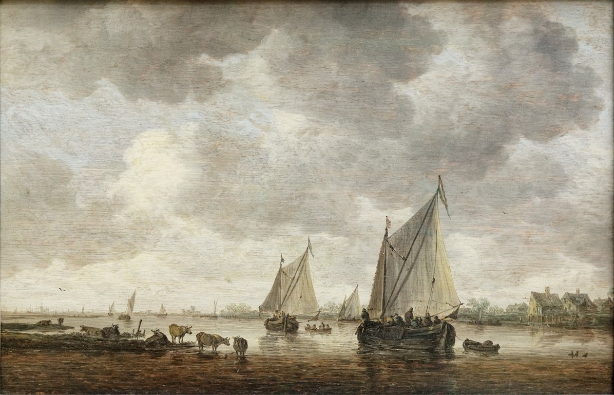 Dois grandes barcos a vela em um rio e gado perto da costa de Jan Josephsz van Goyen