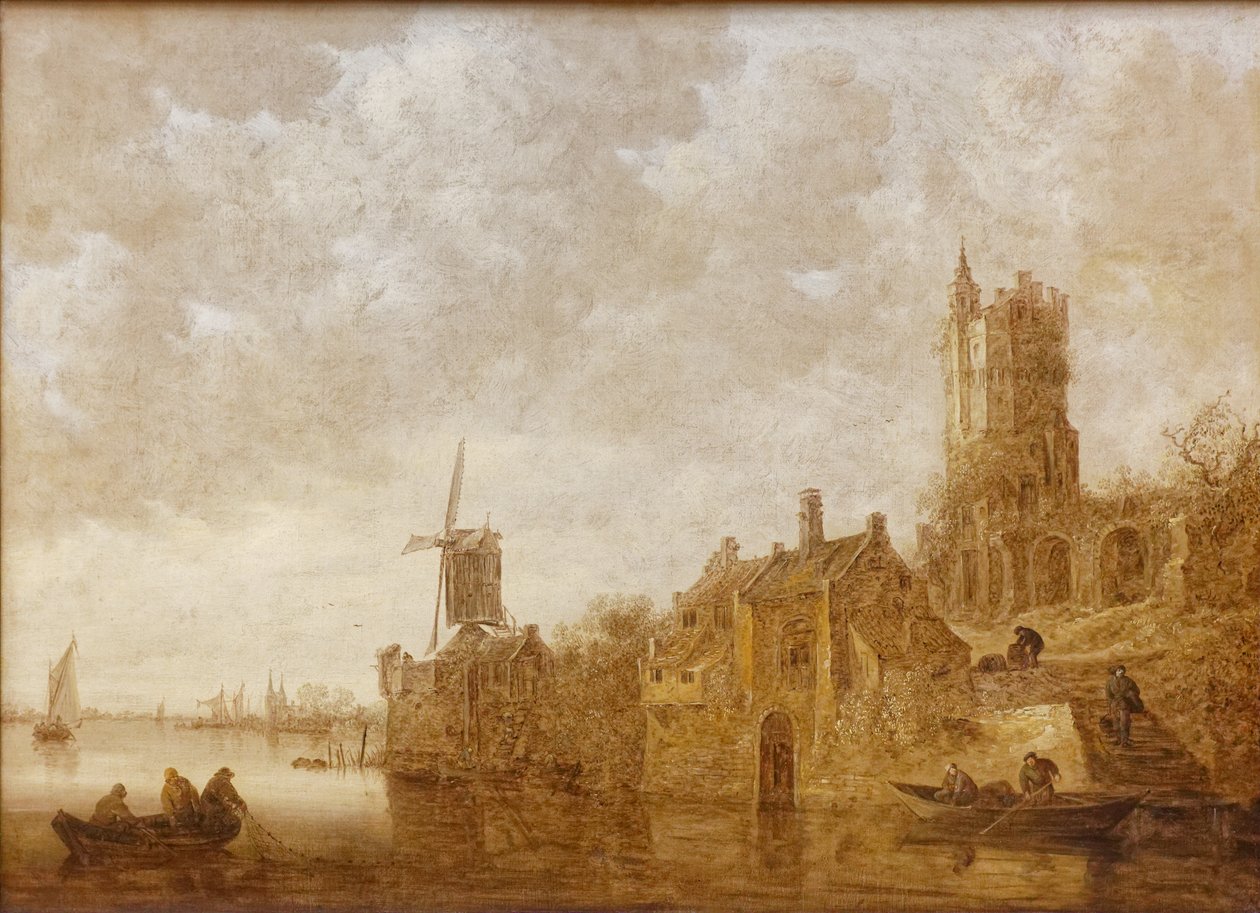 Paisagem do rio com moinho e castelo em ruínas de Jan Josephsz van Goyen