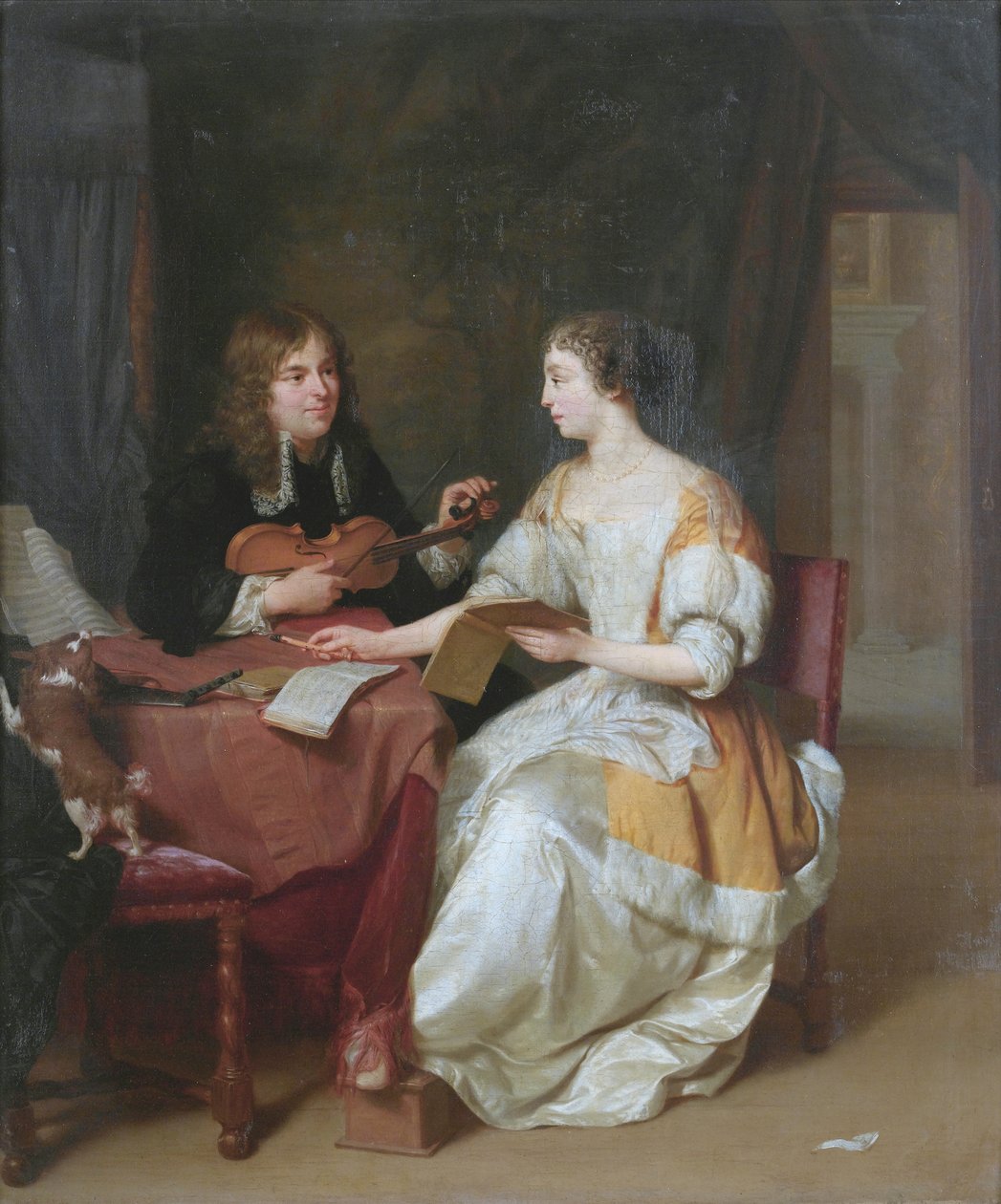 Um casal elegante fazendo música em um interior de Jan Verkolje