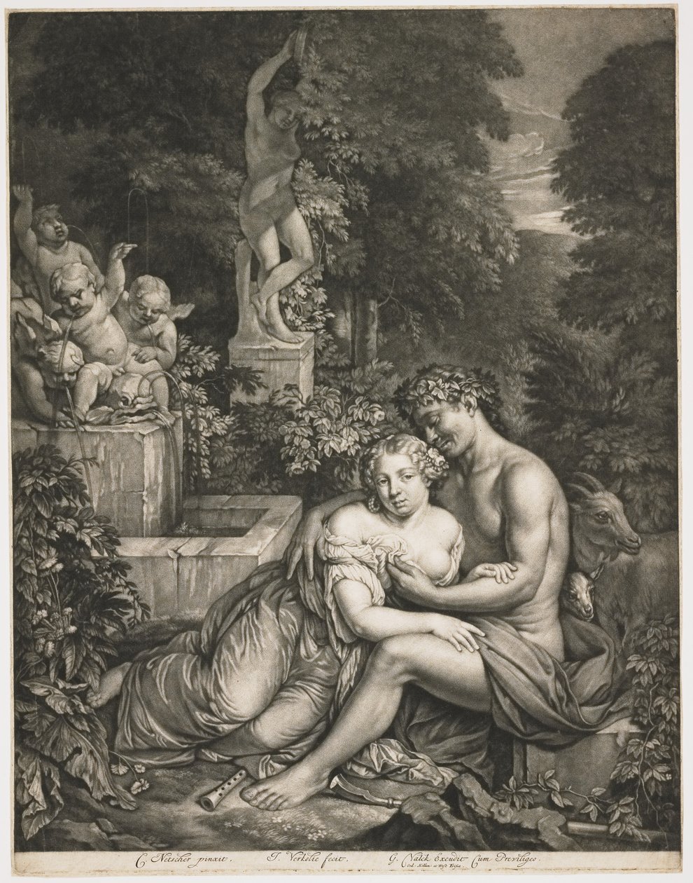 Pan e Pomona, c.1685 (mezzotint) de Jan Verkolje