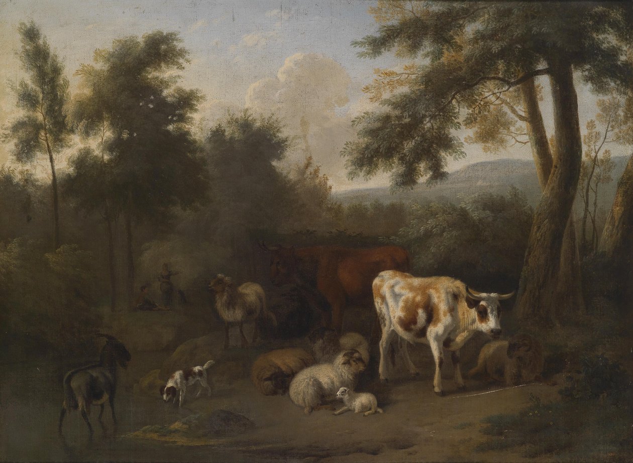 Paisagem arborizada com armazenamento de gado e pastores de Jan Vermeer van Haarlem