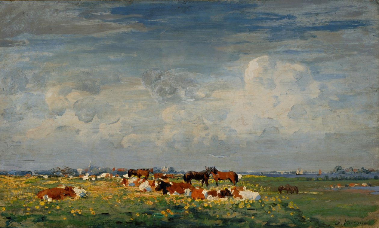 Prado de verão paisagem no IJssel com uma visão de Hattem de Jan Voerman