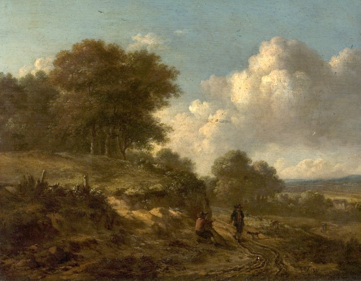 Paisagem com camponeses e um cão de Jan Wijnants