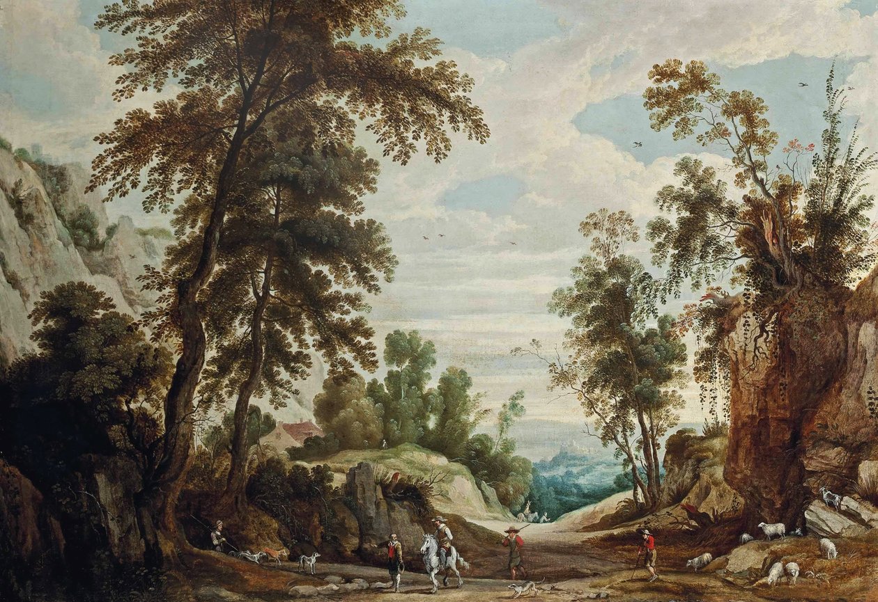 Uma paisagem arborizada com uma figura a cavalo e pastores com seu rebanho em um caminho, um castelo bayond de Jan Wildens