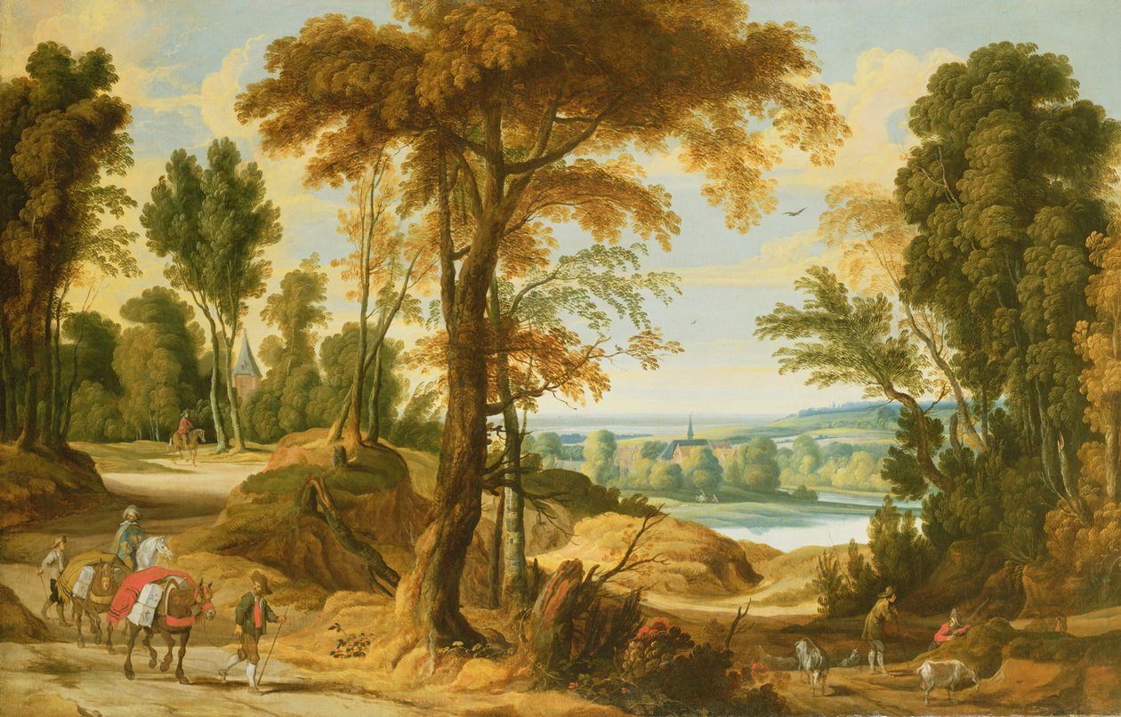 Uma paisagem de rio arborizada com figuras em uma estrada de Jan Wildens