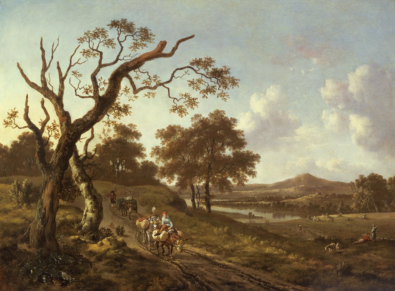 Uma extensa paisagem com mulas de pacote em uma estrada do país, do século XVII de Jan Wiynants