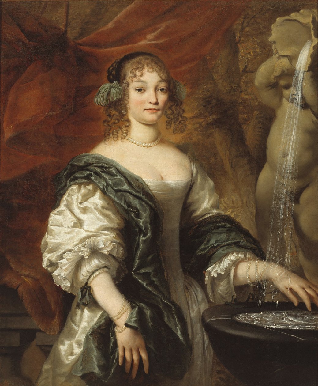 Retrato, de, um, senhora jovem, em, um, chafariz de Jan de Baen