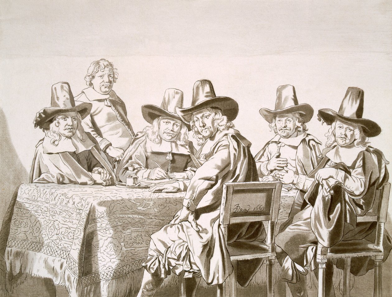 Encontro do século XVII de um comitê de valoridades da cidade ou similar, em torno de uma mesa, de 1663 de Jan de Bray