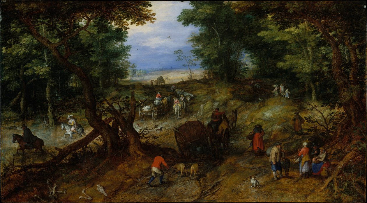 Uma estrada da floresta com viajantes, 1607 de Jan the Elder Brueghel
