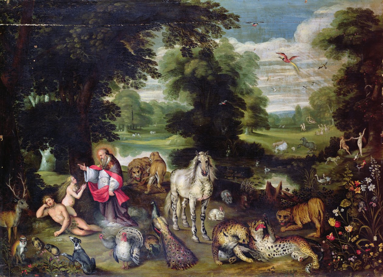 Adão e Eva com Deus no Jardim do Éden e a história da queda de Jan the Elder Brueghel