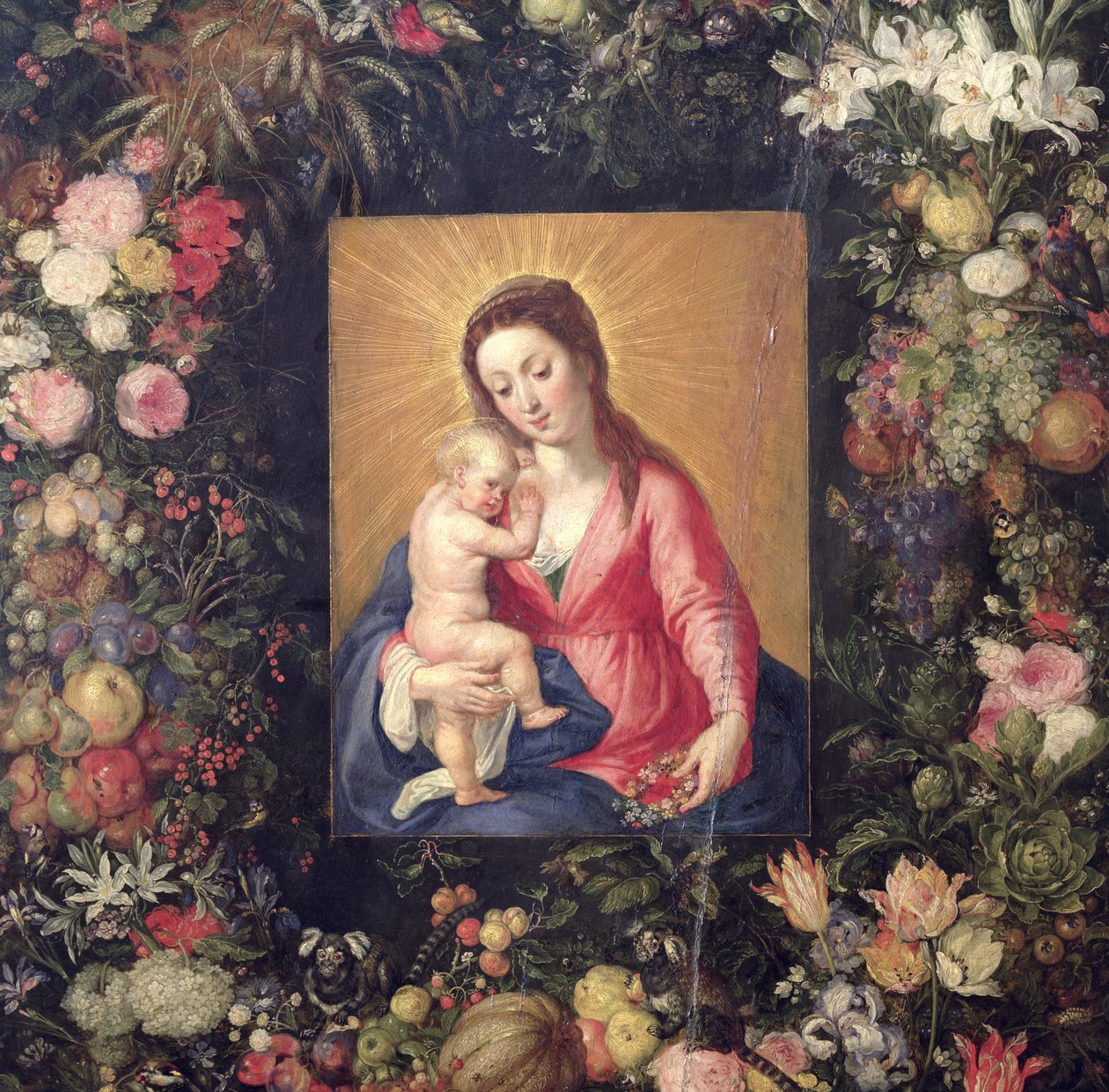 Guirlanda de frutas e flores com óleo de virgem e criança sobre tela detalhe de 36909 de Jan the Elder Brueghel