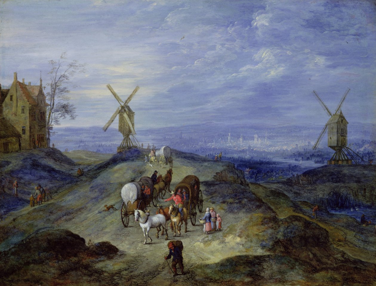Paisagem com dois moinhos de vento, 1612 de Jan the Elder Brueghel