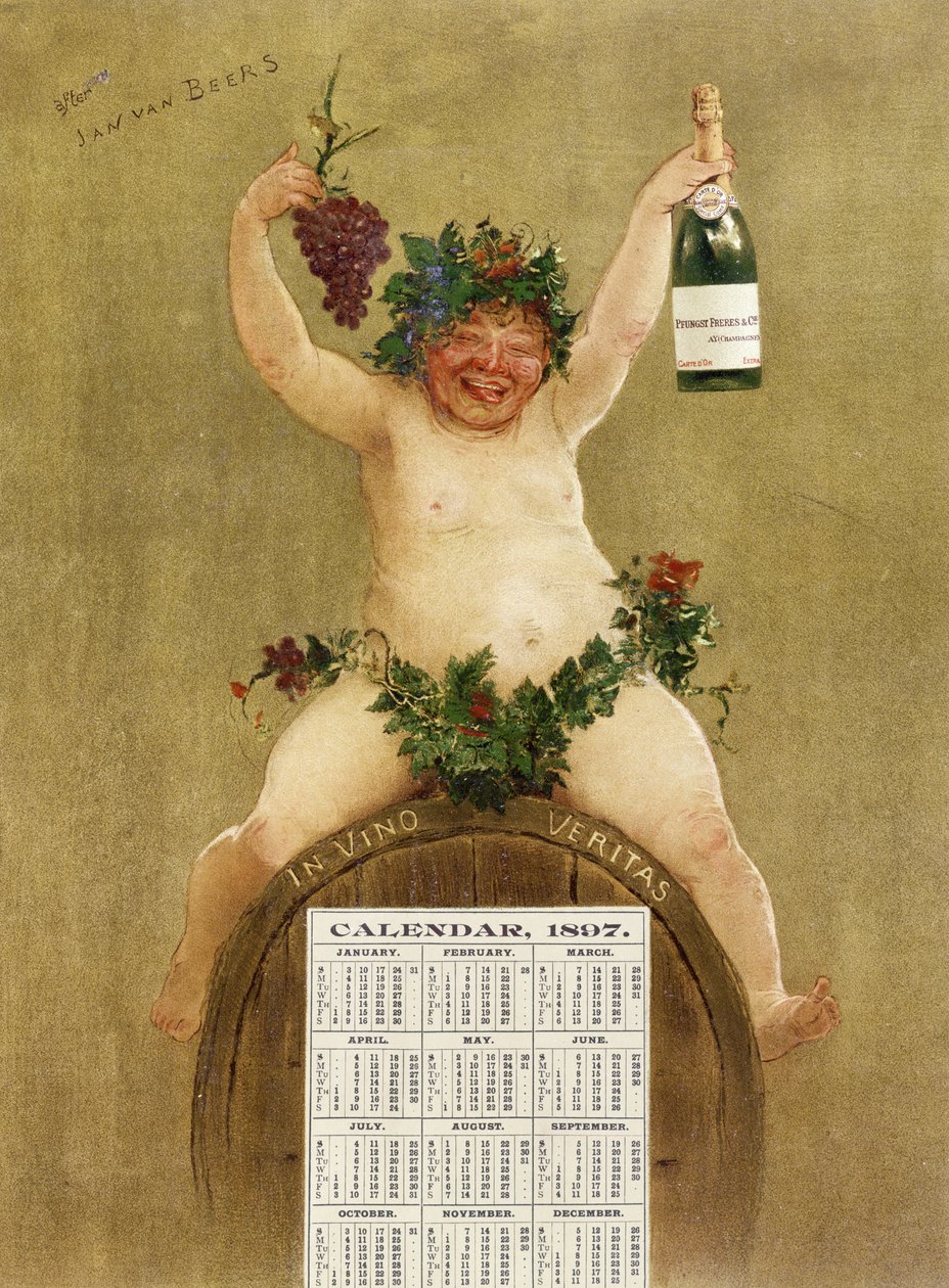 Calendário Promocional para Pfungst Freres Champagne, ilustrando Baco sentado em um barril com a legenda "In Vino Veritas", 1897 de Jan van Beers