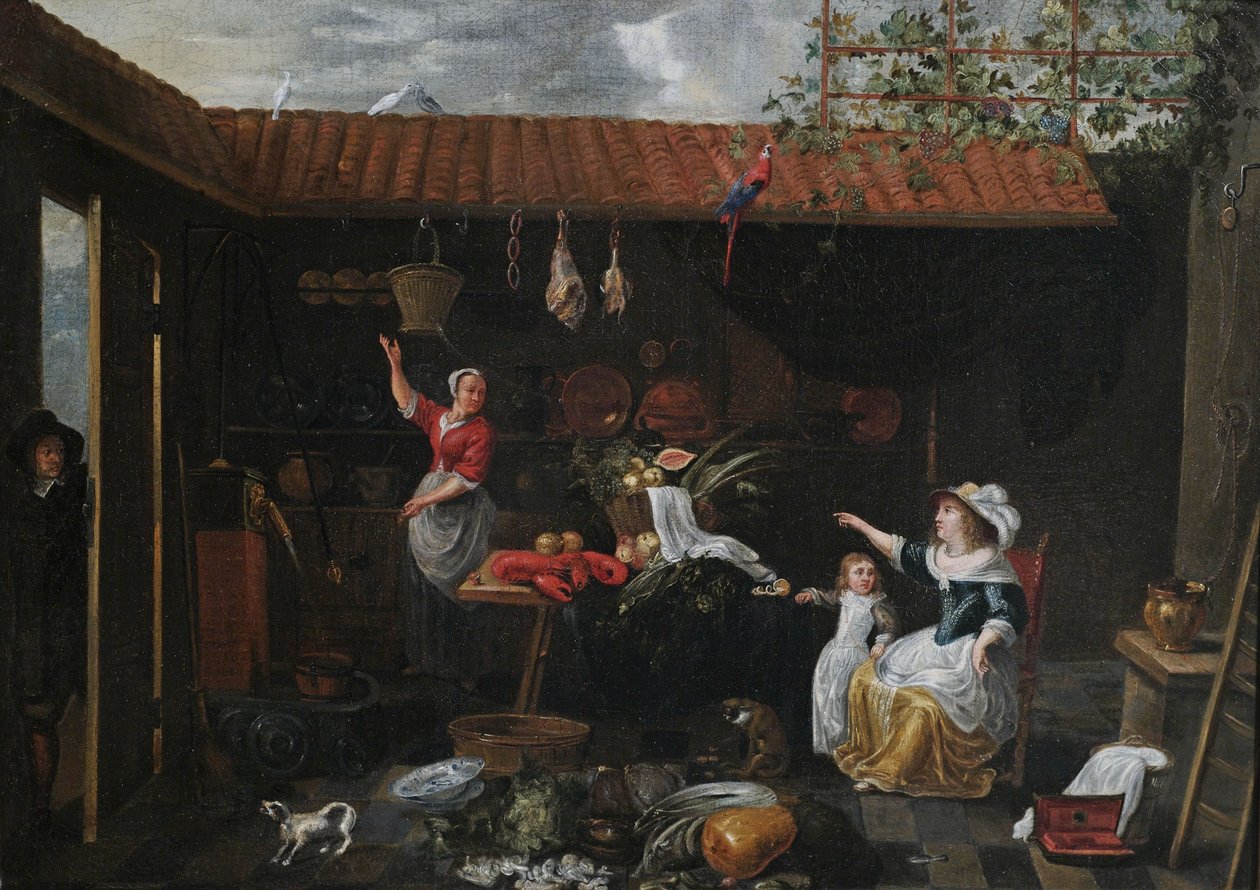 Vista interior, de, um, jarda, com, cozinha, materiais, utensílios, empregada doméstica, e, hostess de Jan van Buken