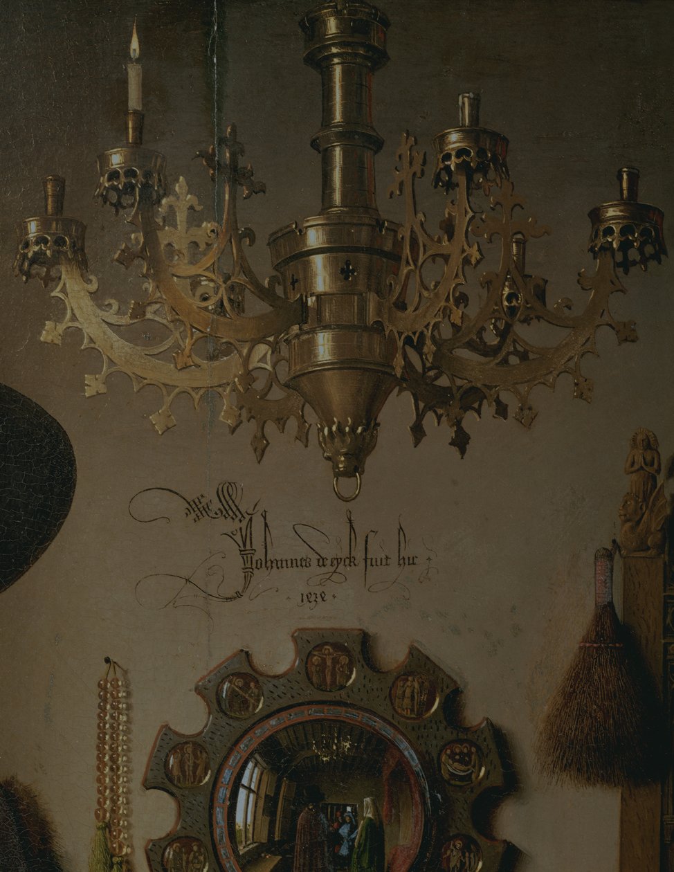 O retrato de Giovanni Arnolfini e sua esposa Giovanna Cenami O Arnolfini Marriage 1434 oil on panel detail of 1765 de Jan van Eyck