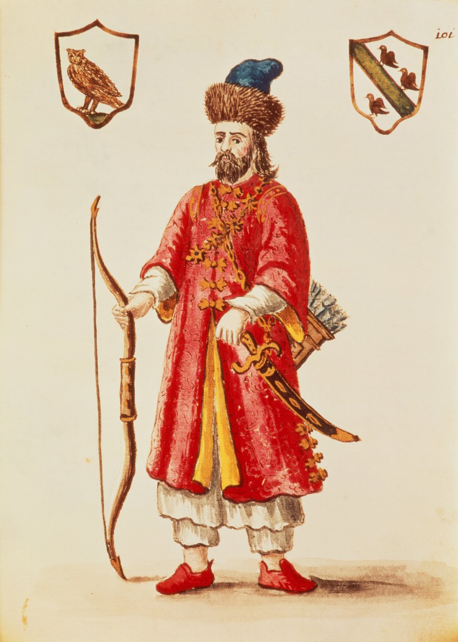 Marco Polo, vestido em traje tártaro, de &39;trajes venezianos&39; de Jan van Grevenbroeck