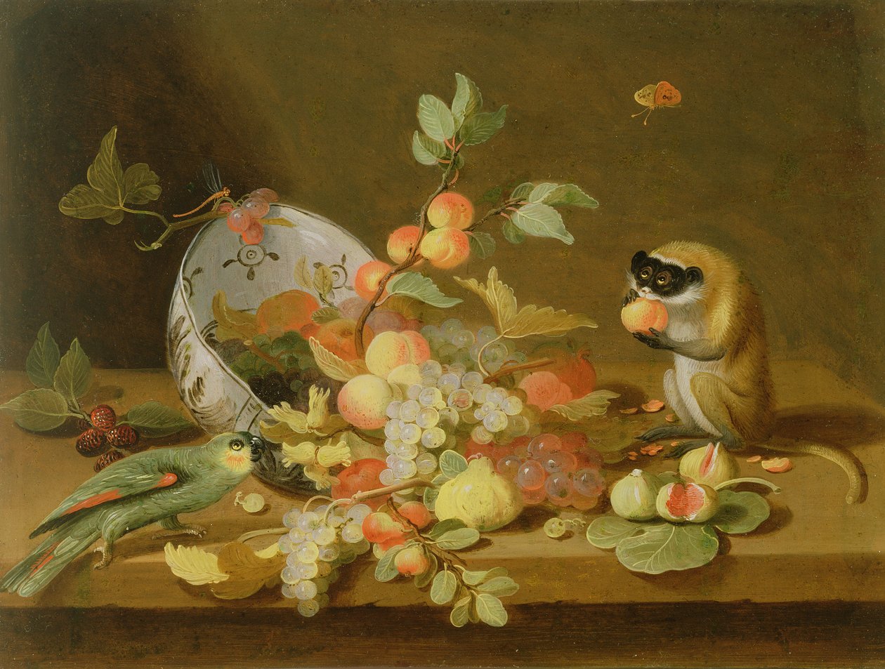 Uvas e pêssegos derramando de uma tigela de Delft virada (óleo em cobre) de Jan van Kessel the Elder
