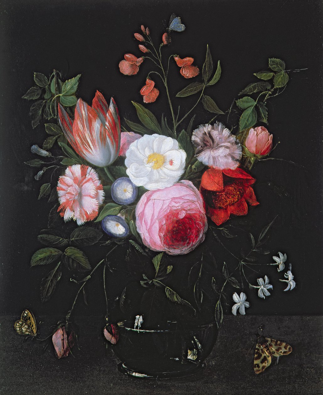 Flores da Primavera em um vaso de vidro, do século 17 de Jan van Kessel the Elder