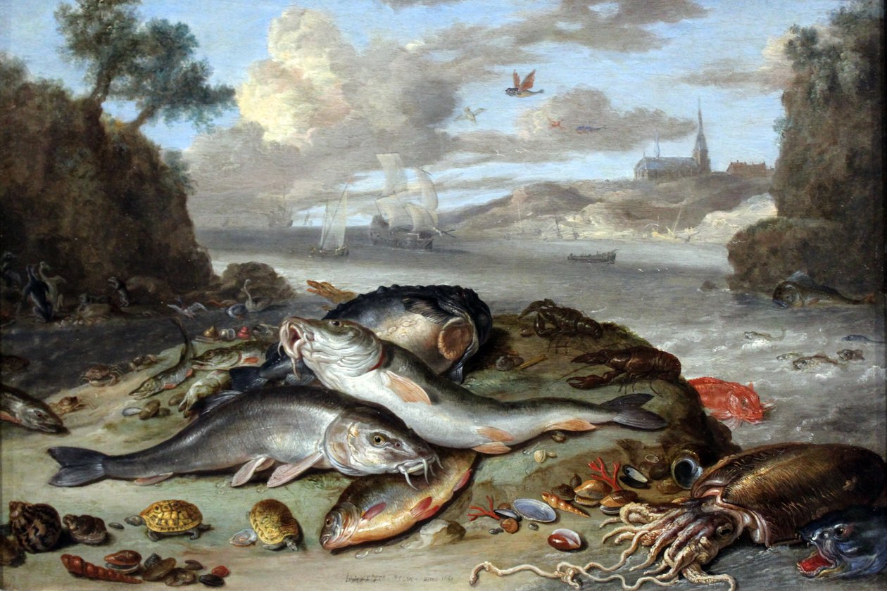 Ainda vida com peixe e criatura do mar em uma paisagem costeira de Jan van Kessel the Elder