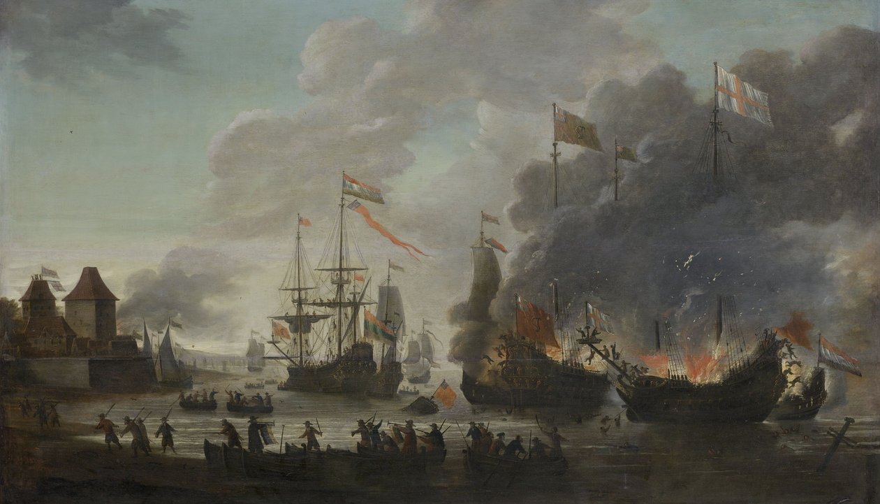 Os holandeses queimam navios ingleses durante a expedição a Chatham, 20 de junho de 1667 (Raid on the Medway), c.1667 de Jan van Leyden