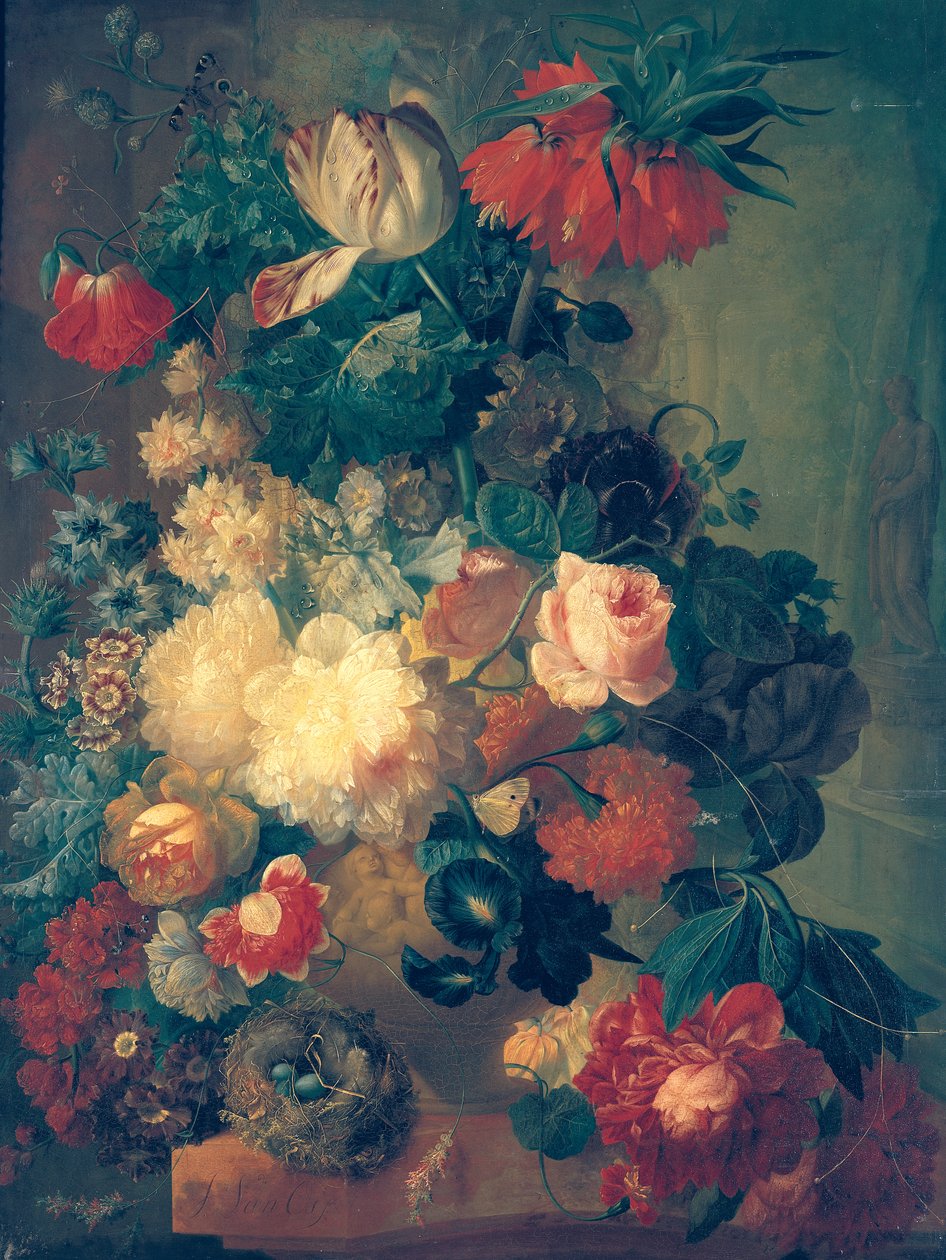Flores em um vaso com um ninho de pássaro de Jan van Os