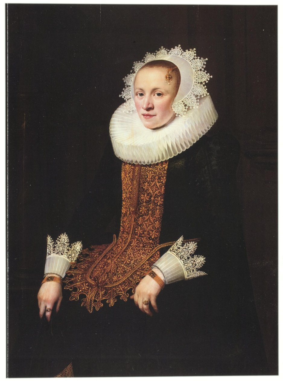 Retrato de uma jovem senhora em um casamento Stomacher, boné de diadema e Millstone Ruff de Jan Anthonisz. van Ravesteyn