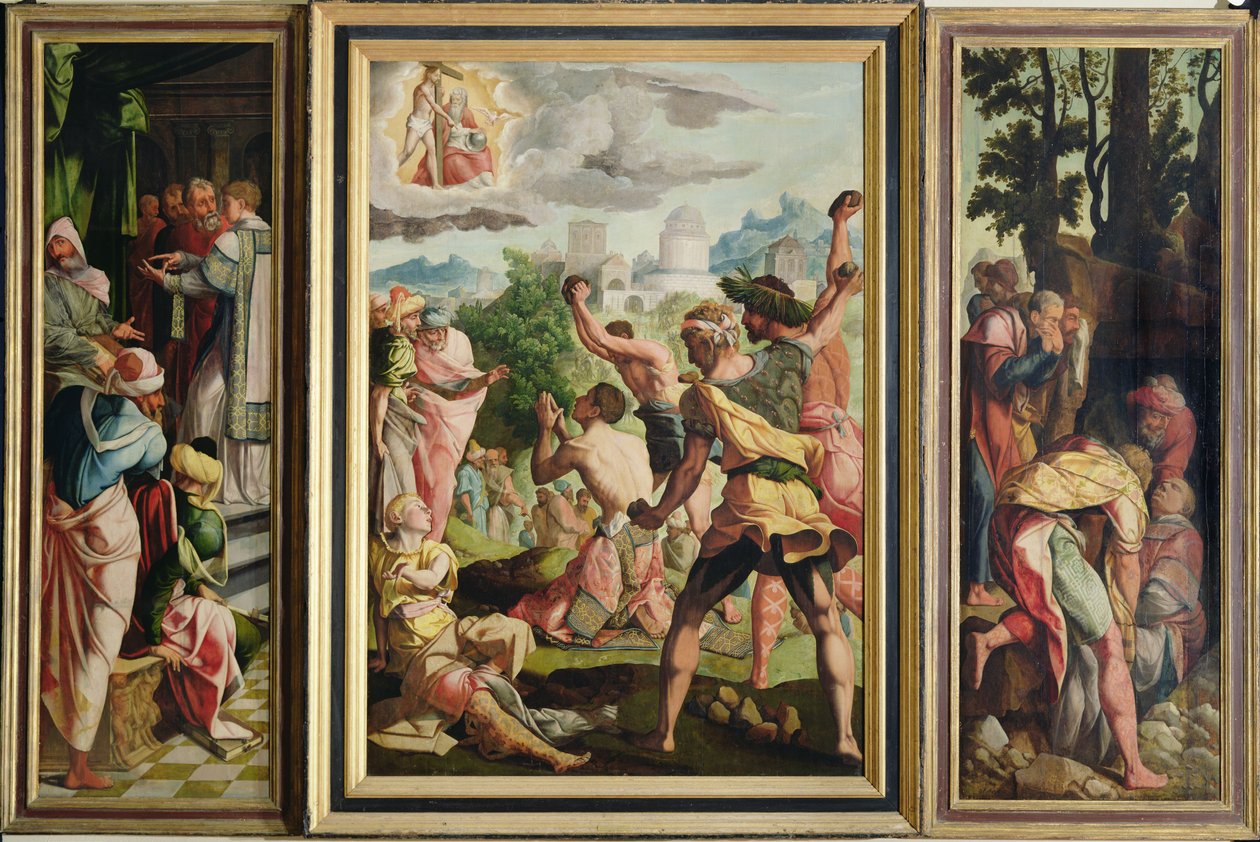 O Sermão, o Apedrejamento e o Sepultamento de Santo Estêvão, do Políptico de Santo Estevão e São Tiago Maior, c.1541 de Jan van Scorel