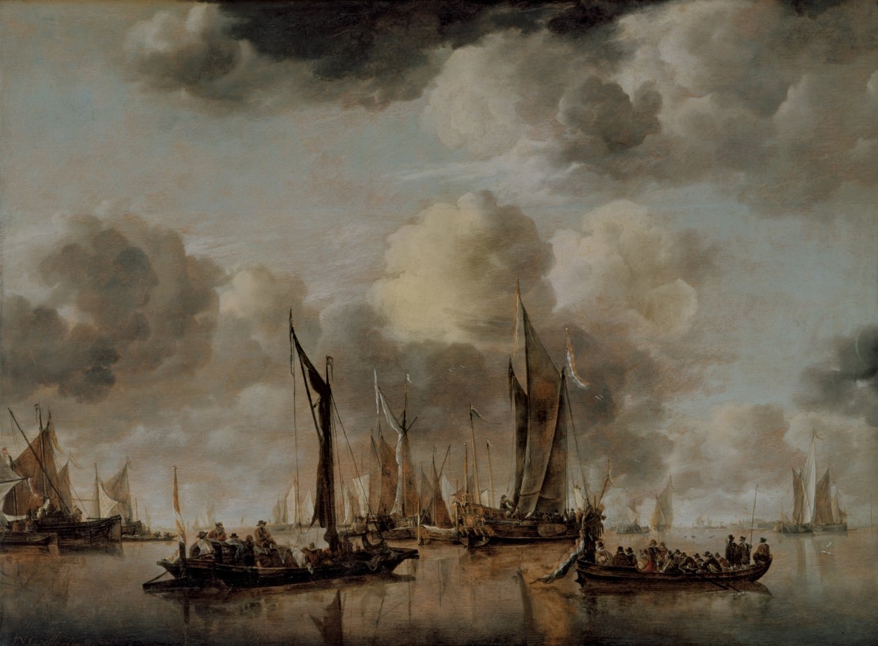 Um iate holandês disparando uma saudação como uma barcaça se afasta, 1650 de Jan van de Capelle or Cappelle