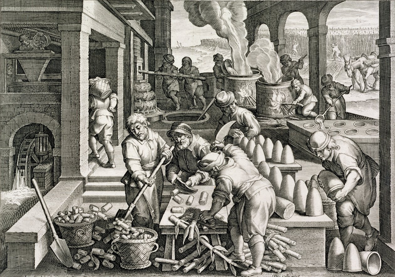 Uma usina de açúcar e a produção de pães de açúcar, placa 14 de &39;Nova Reperta&39; (gravuras de Philip Galle (1537-1612) c.1600 (ver também 320917) de Jan van der Straet